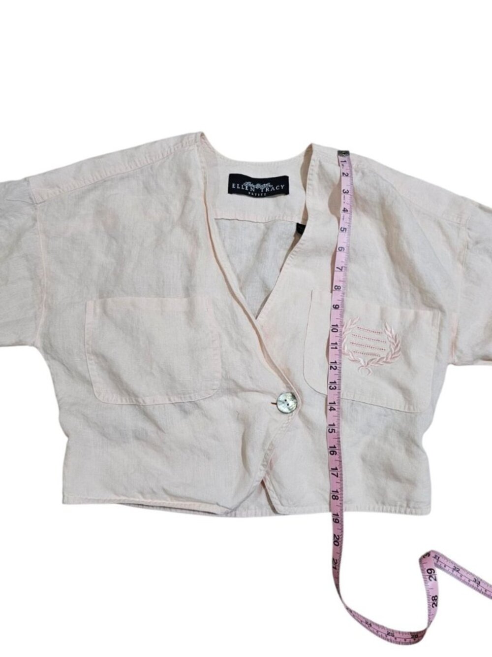 Linda Allard For Ellen Tracy Petite 10 Linen Crop Top Pink Embroidered Preppy - Picture 8 of 8